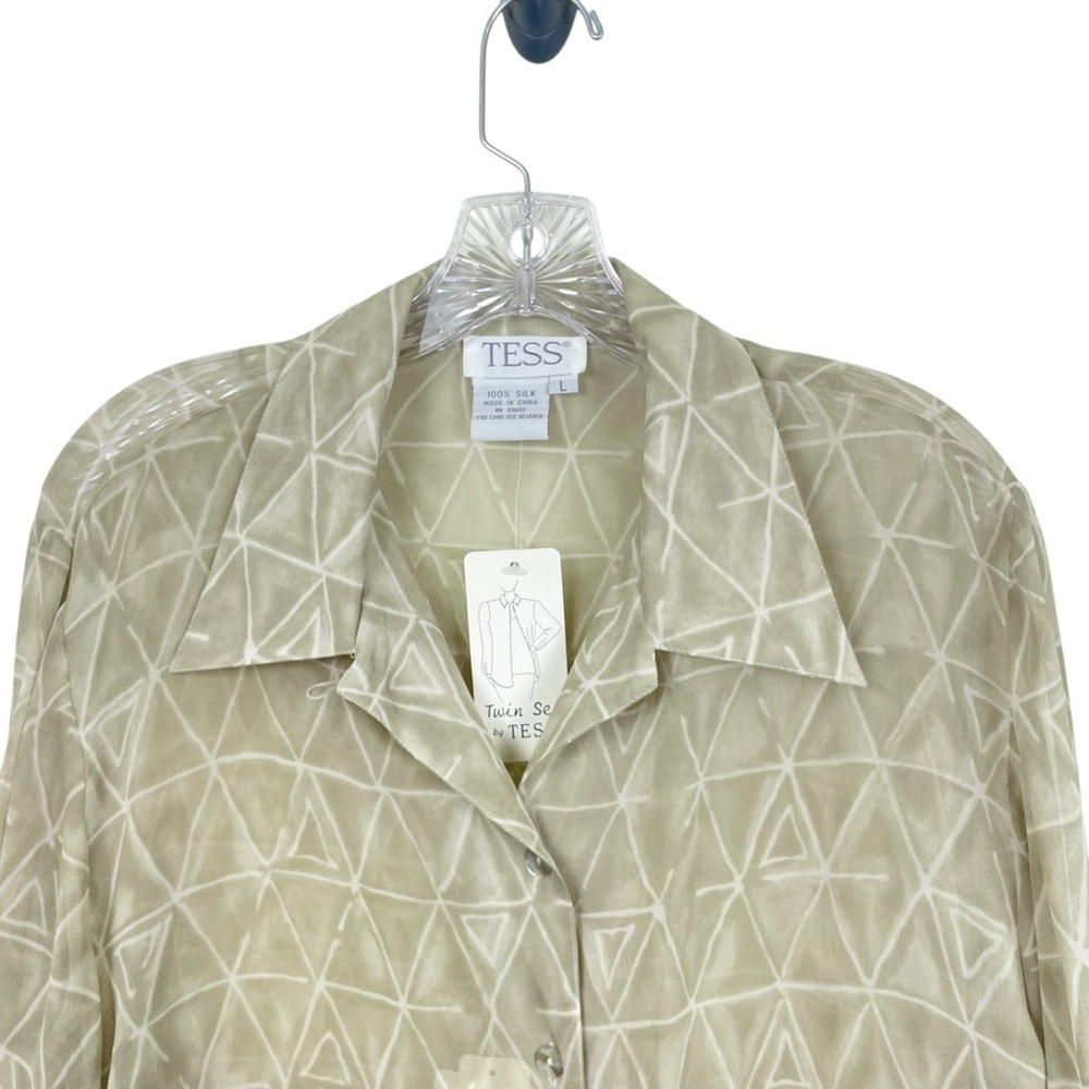 Vtg 90s NWT Tess 100% Silk Button Down Blouse Green Beige Semi-Sheer Size L - Picture 3 of 11